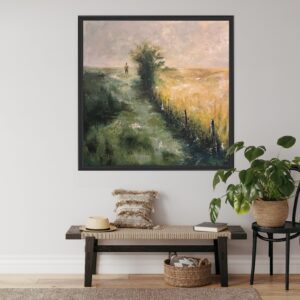 Ścieżka 60x60 cm – oryginalny obraz akrylowy z pejzażem i samotną postacią