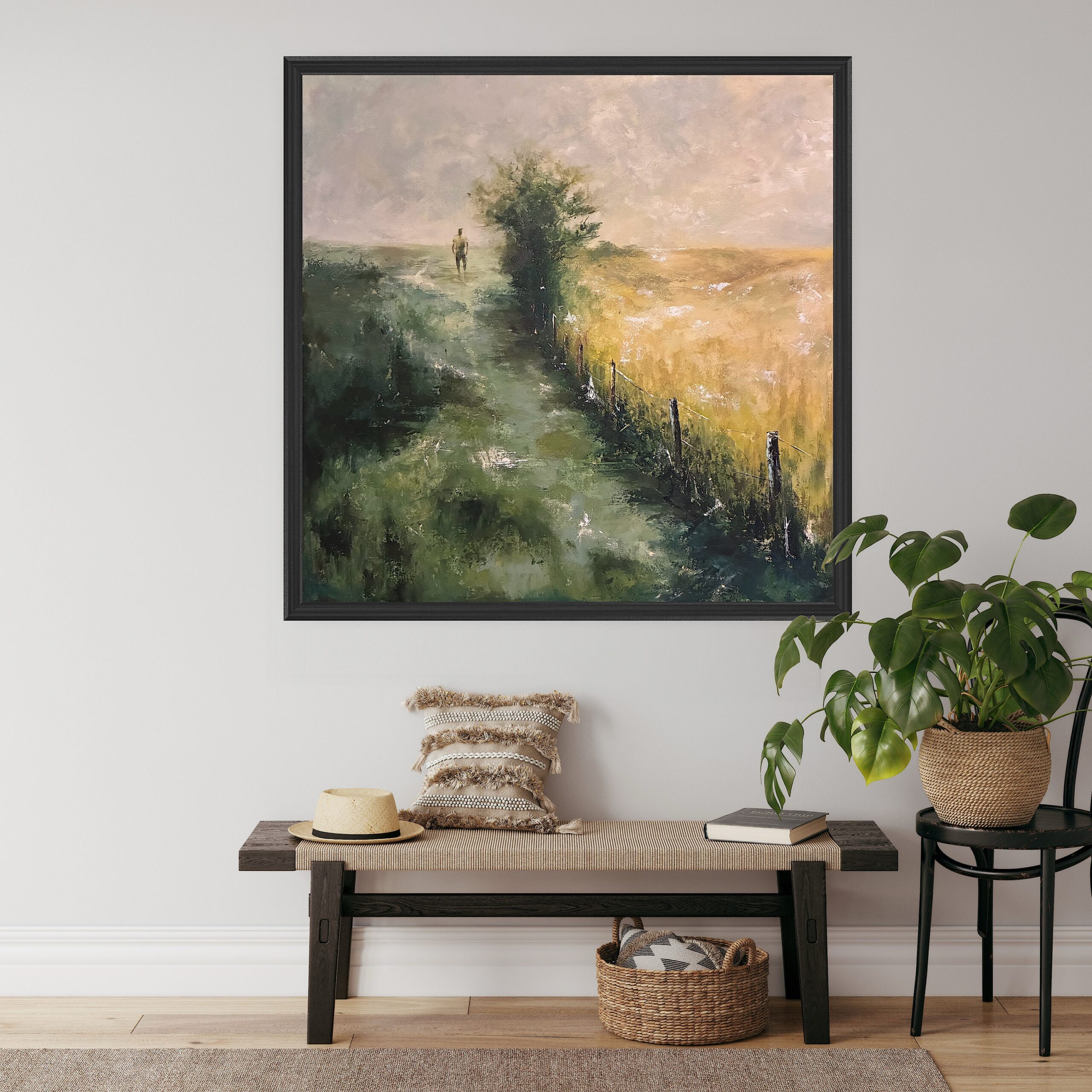sciezka obraz akryl Ścieżka 60x60 cm – oryginalny obraz akrylowy z pejzażem i samotną postacią